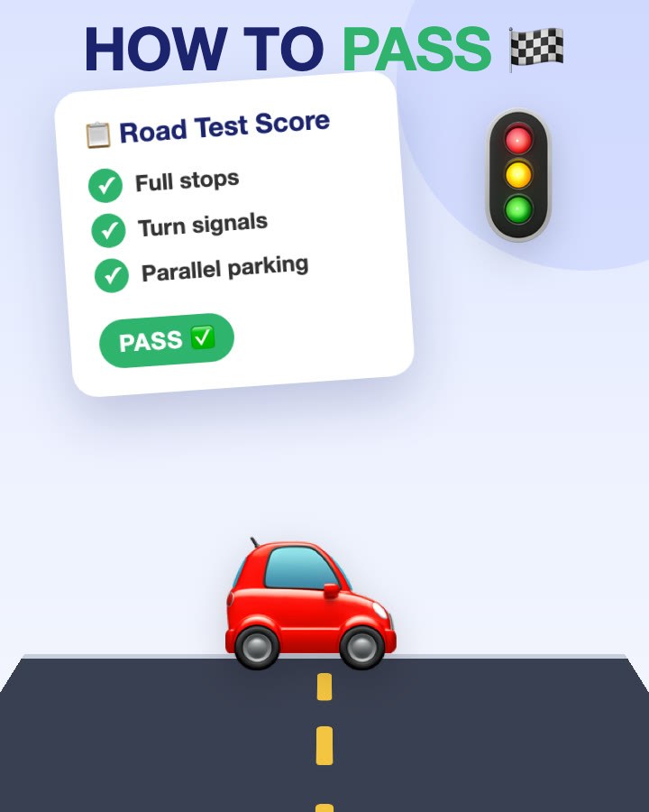 A road test score card marked PASS next to a car on the road